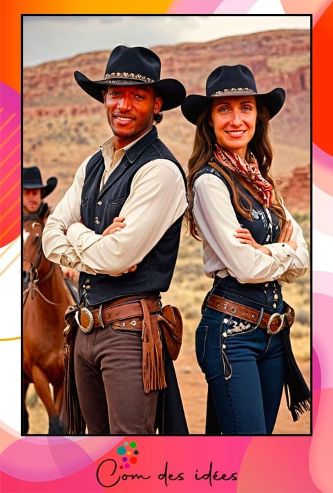 Borne photo IA , animation photo IA. Un couple d'invités transformé en Cowboys.