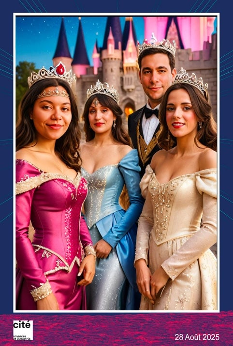 Borne photo IA. Les invités transformés en princes et princesses lors d'un événement professionnel.