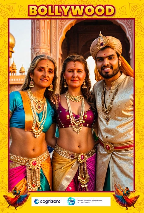 Borne Photo IA au cours d'une soirée Bollywood.